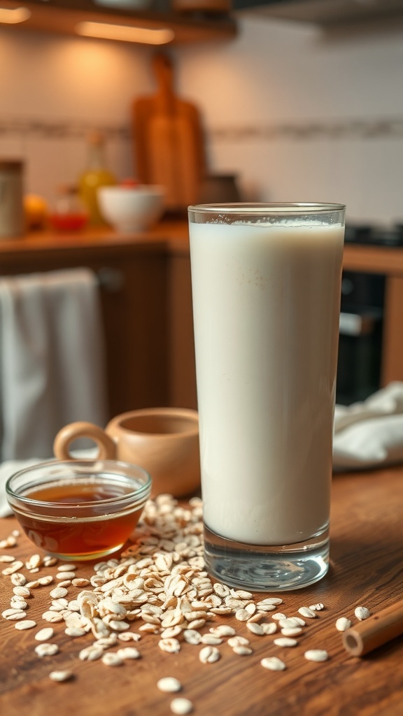 A glass of oat milk with rolled oats and maple syrup on a wooden table in a kitchen.